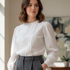 Vintage 80's  Judy Bond Tuxedo Pleat Blouse with Lace Detail